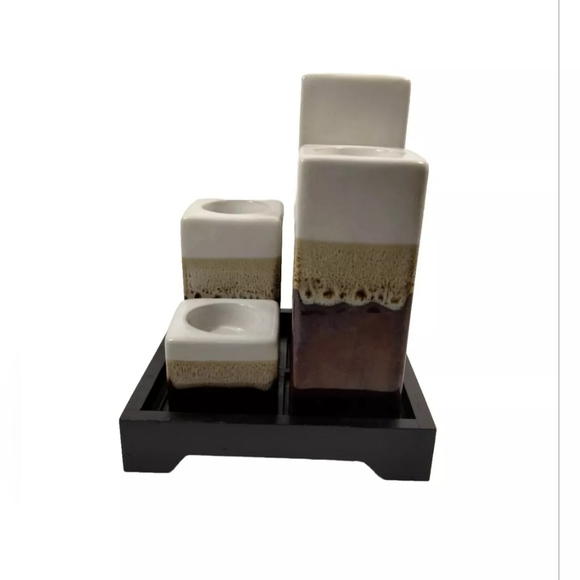 Ceramic Tea Light Candle Holder Set of 4 On Wooden Base - Picture 4 of 5